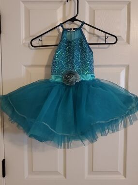 Teal Sequin Tutu Costume Dress with Flower Accent